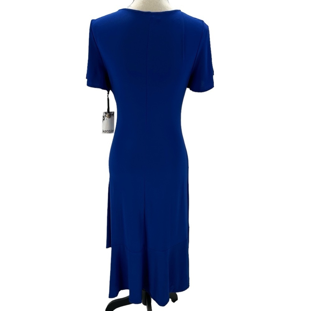 Kensie Short Sleeve Faux Wrap Side Ruched Midi Dress - Blue - size Small - Picture 3 of 13